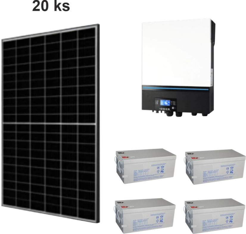 FVE  8100 Wp - 20 panelů , 1F měnič 11kW / 230V 50Hz, baterie 12kWh.