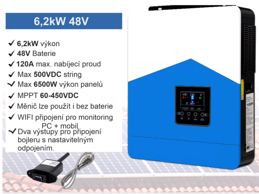 FVE  6,2kW,  batéria LiFePo4 5,12kW 51,2V, 8x panel 3280Wp, WIFI, PC, monitoring.