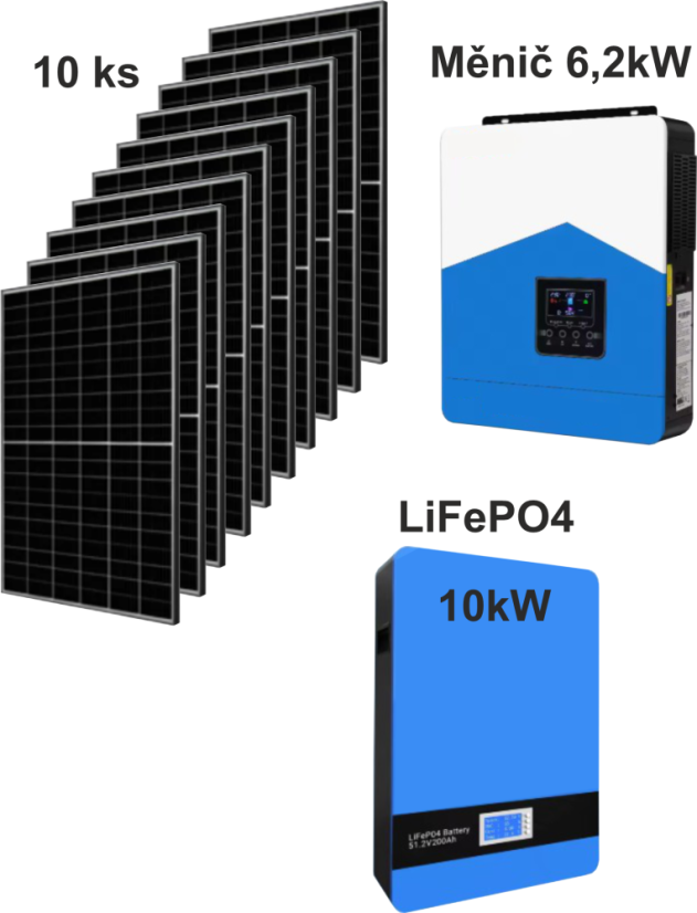 FVE 6,2kW, baterie LiFePo4 10,24kW 51,2V, 10x panel 4100Wp, WIFI, PC, monitoring.