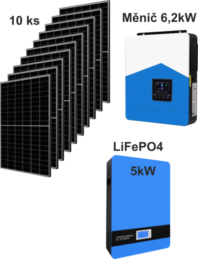 FVE  6,2kW,  batéria LiFePo4 5,12kW 51,2V, 10x panel 4100Wp, WIFI, PC, monitoring.