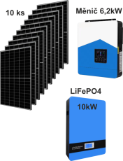 FVE 6,2kW, baterie LiFePo4 10,24kW 51,2V, 10x panel 4100Wp, WIFI, PC, monitoring.