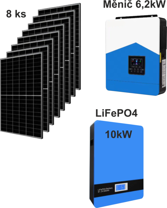 FVE 6,2kW, baterie LiFePo4 10,24kW 51,2V, 8x panel 4100Wp, WIFI,PC, monitiring.
