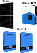 FVE 11kW, 2x baterie LiFePo4 10,24kW 51,2V, 20x panel 8200Wp, WIFI, PC, monitoring.